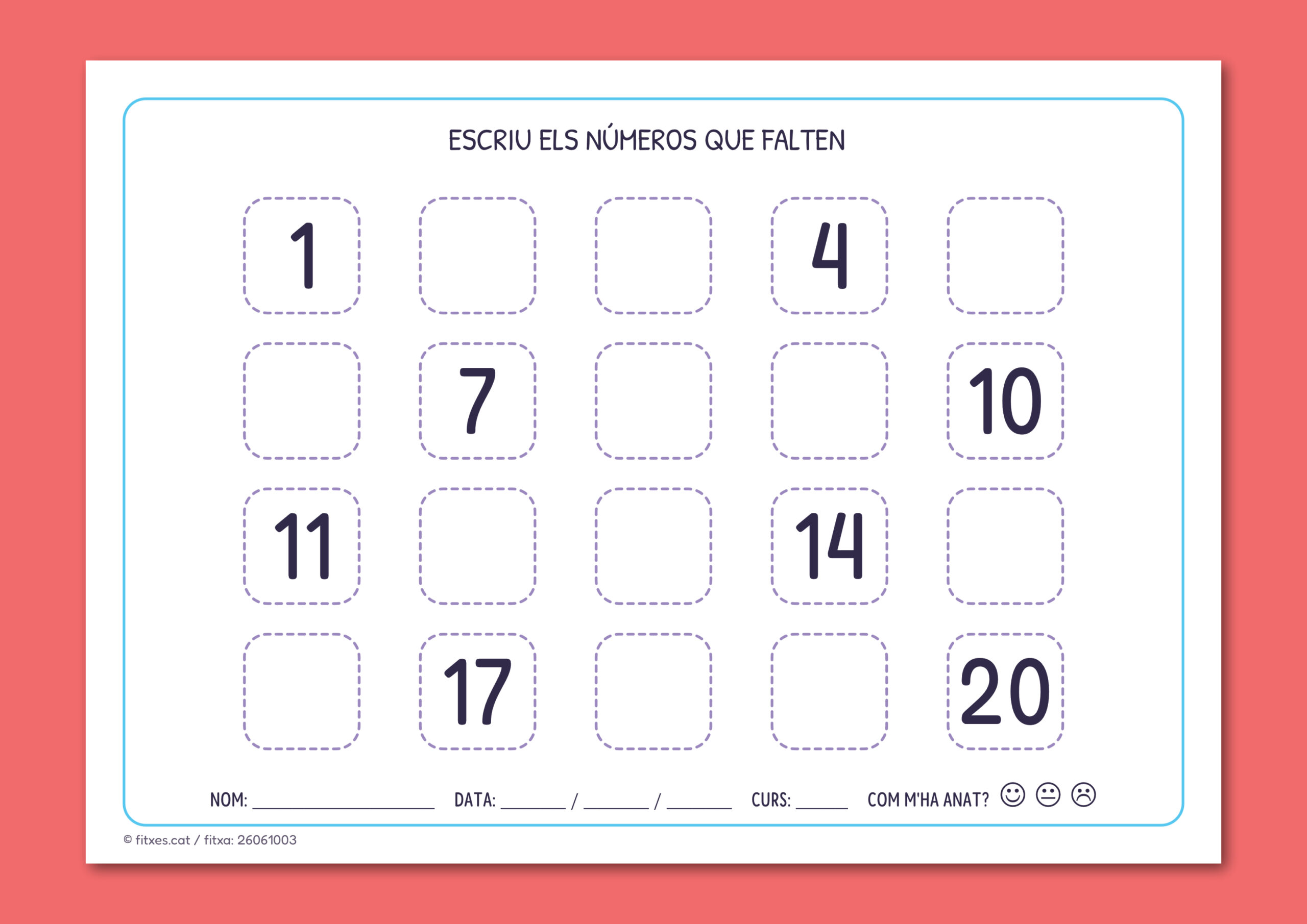 Activitat imprimible per completar la seqüència numèrica fins al 20 per a 1r de Primària en català.