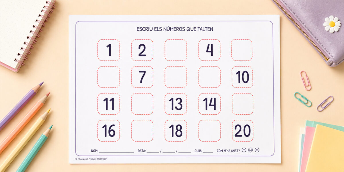 Fitxa per escriure els números que falten fins al 20 per a 1r de Primària en català.