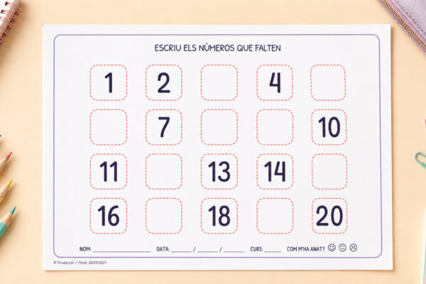 Fitxa per escriure els números que falten fins al 20 per a 1r de Primària en català.