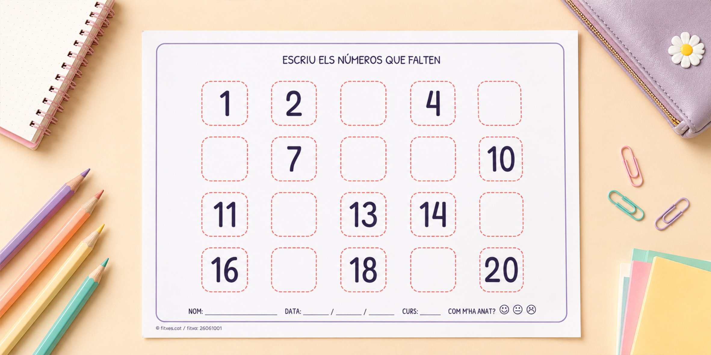 Fitxa per escriure els números que falten fins al 20 per a 1r de Primària en català.