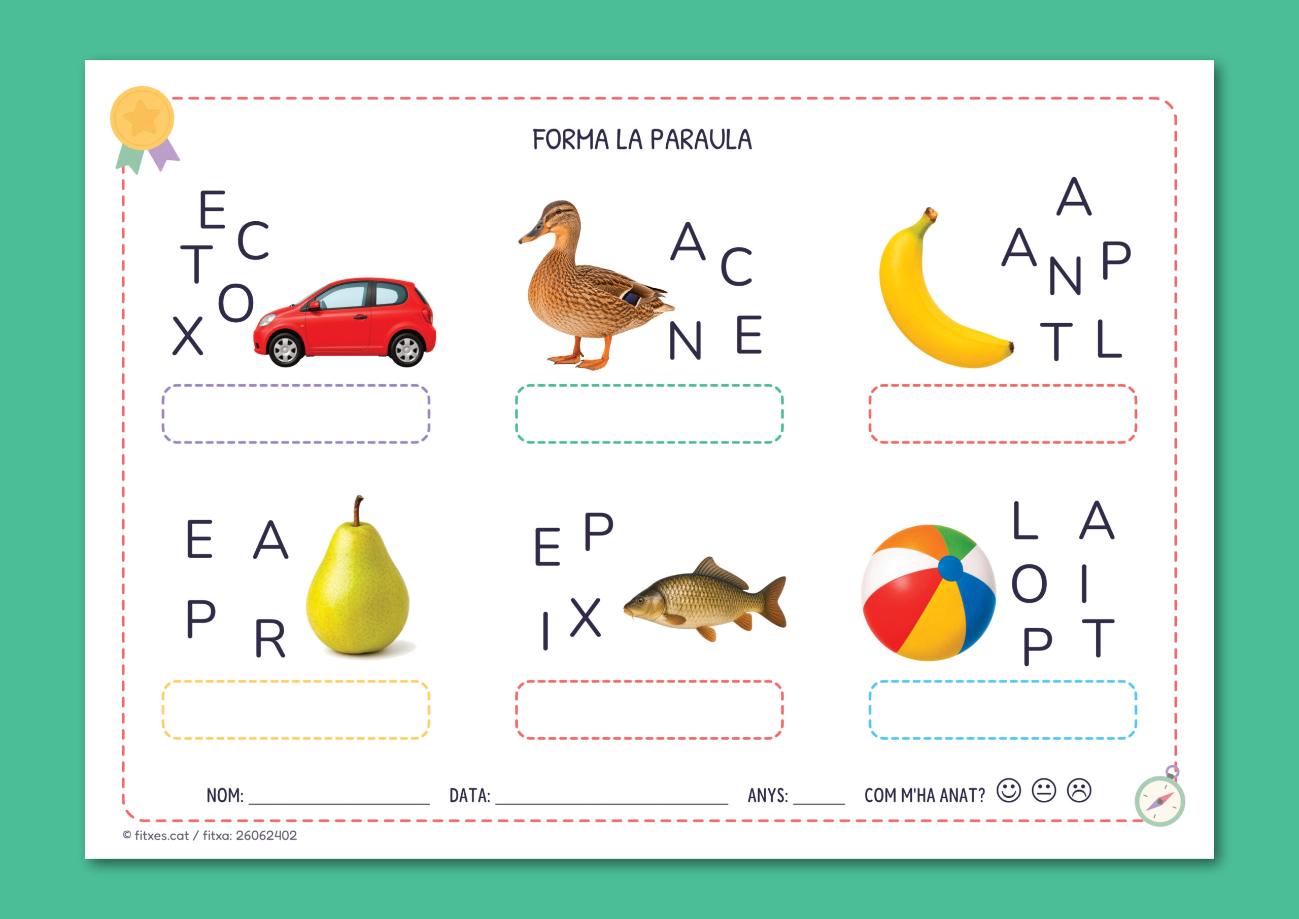 Activitat imprimible per ordenar lletres i formar paraules a partir d'imatges per a I5 en català.