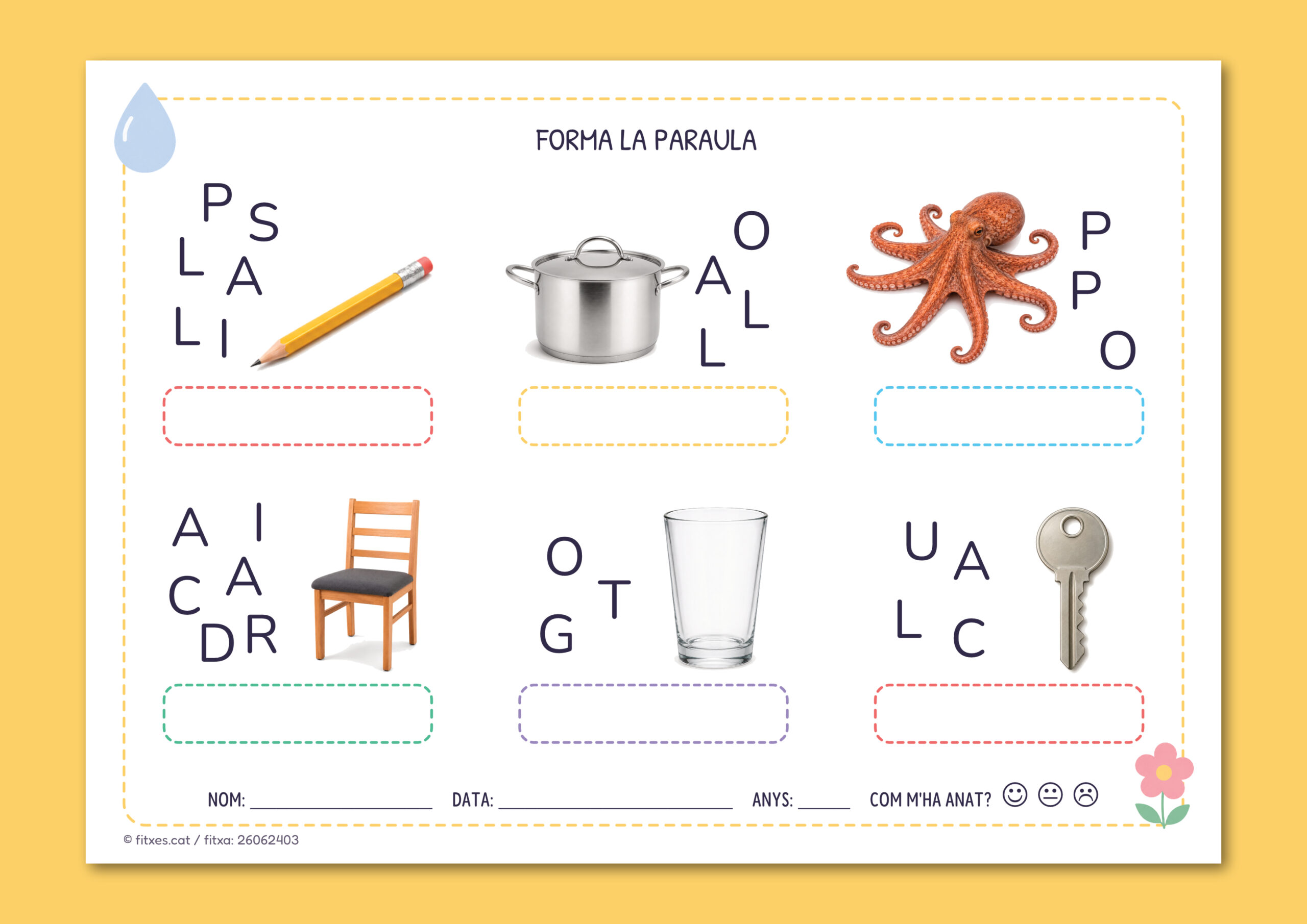 Activitat imprimible per ordenar lletres i formar paraules a partir d'imatges per a I5 en català.