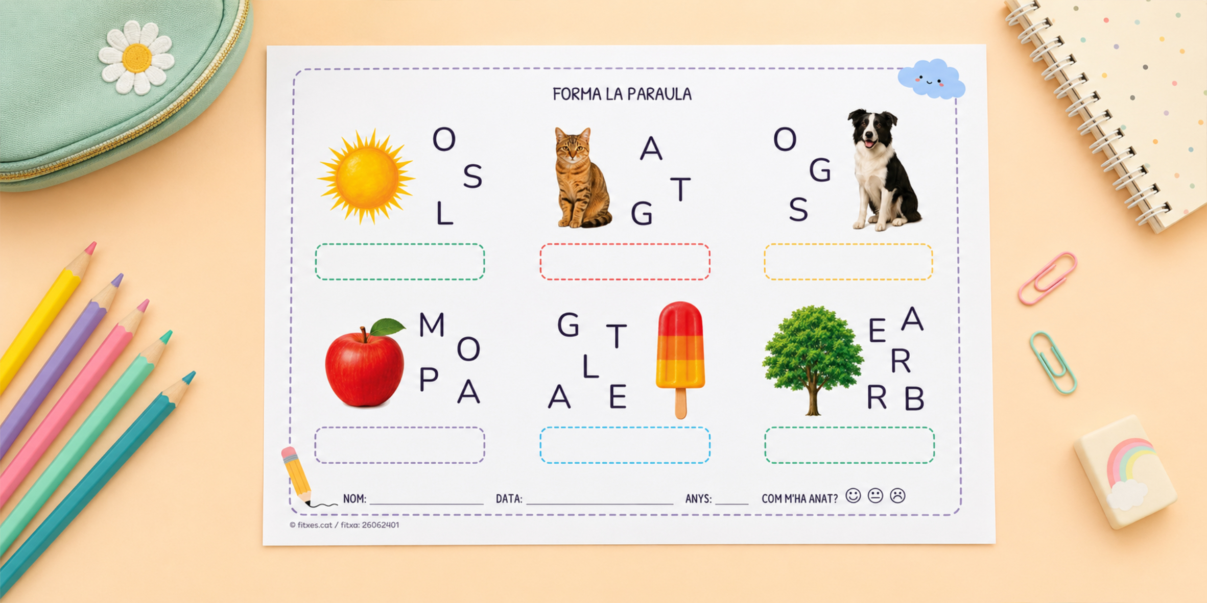 Fitxa per ordenar lletres i formar la paraula per a I5 en català.