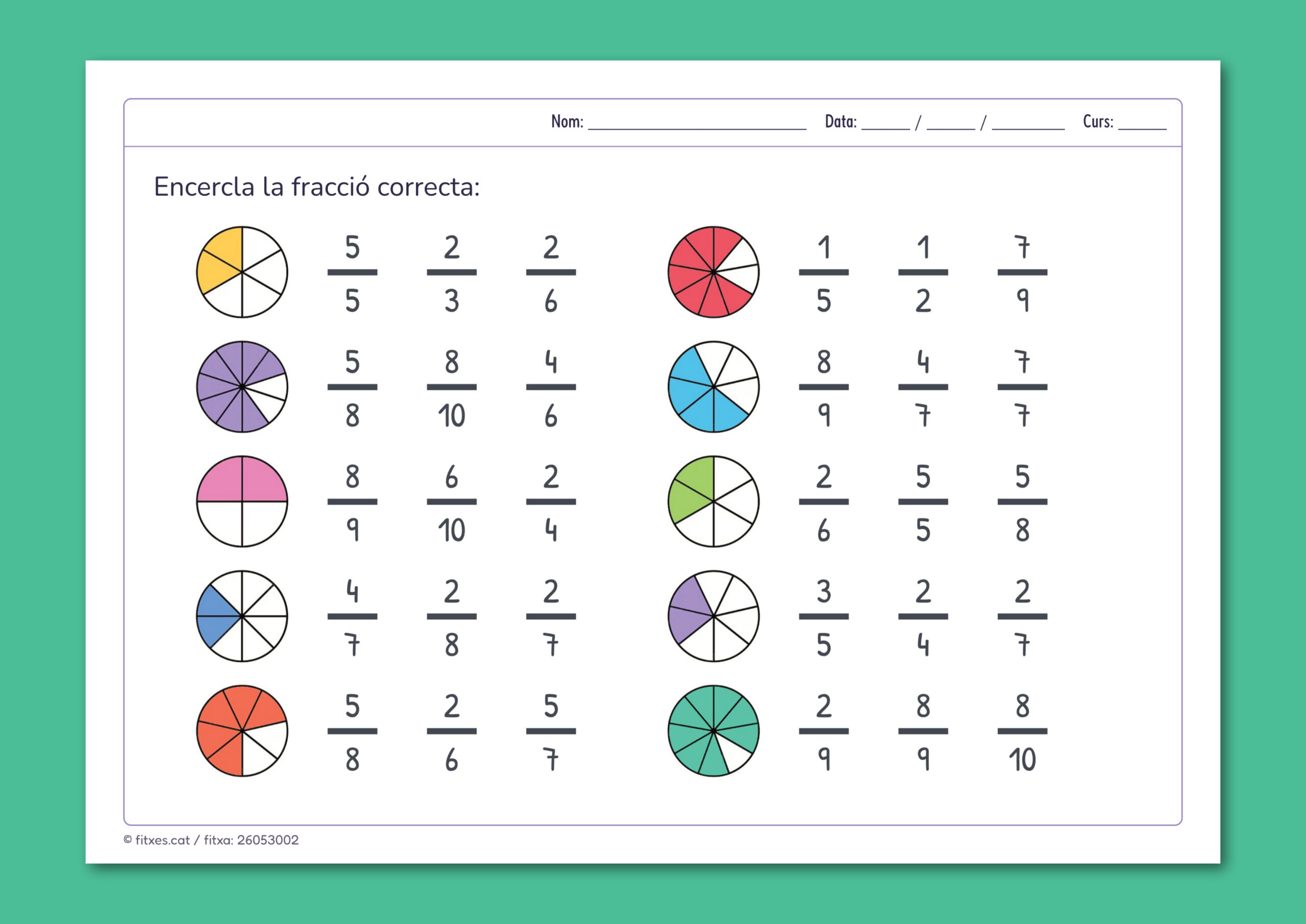 Activitat imprimible per identificar i encerclar la fracció correcta per a 4t i 5è de Primària en català.