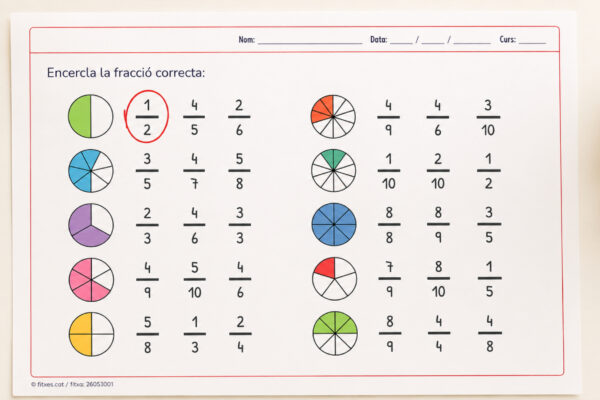 Fitxa per encerclar la fracció correcta per a 3r i 4t de Primària en català.