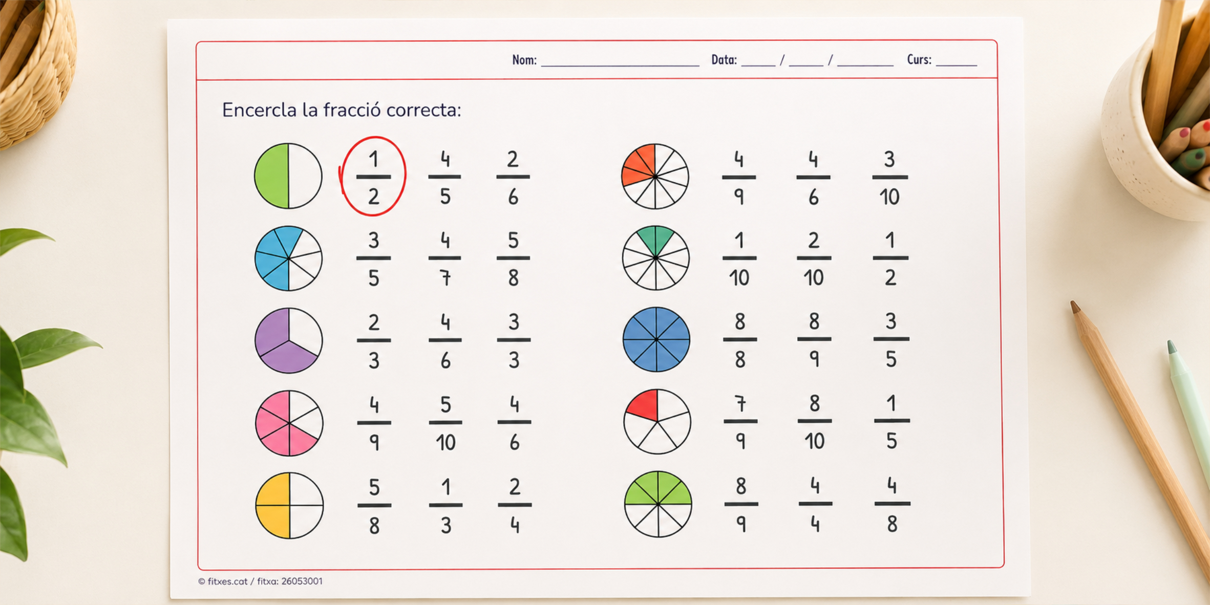 Fitxa per encerclar la fracció correcta per a 3r i 4t de Primària en català.