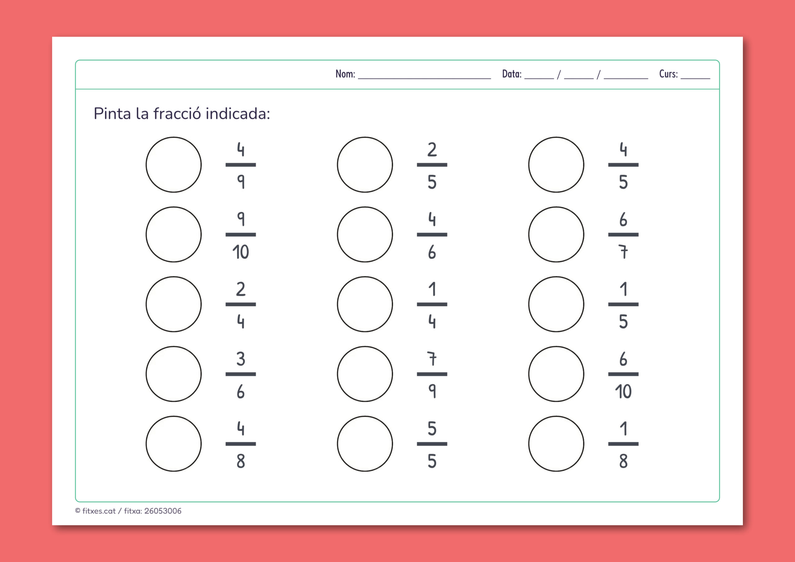 Activitat imprimible per pintar la fracció indicada per a 4t i 5è de Primària en català.