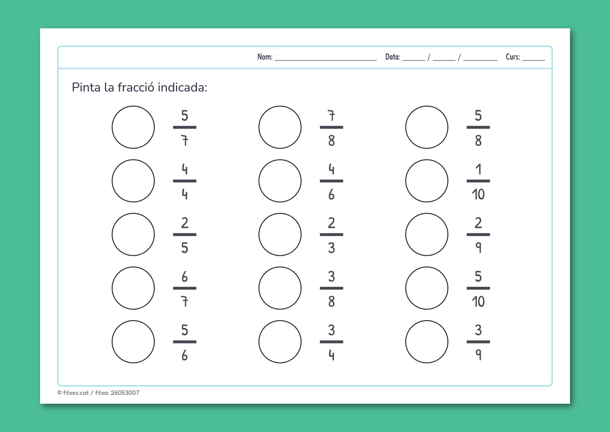 Activitat imprimible per pintar la fracció indicada per a 4t i 5è de Primària en català.