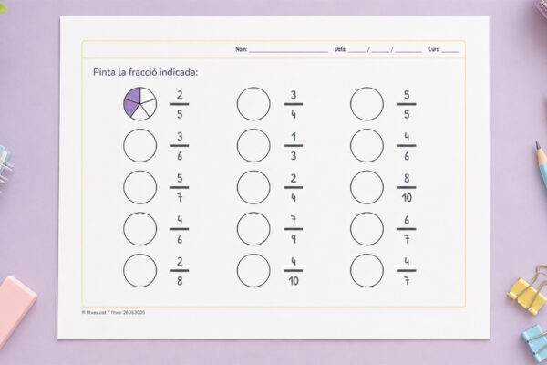 Fitxa per pintar la fracció indicada per a 4t i 5è de Primària en català.