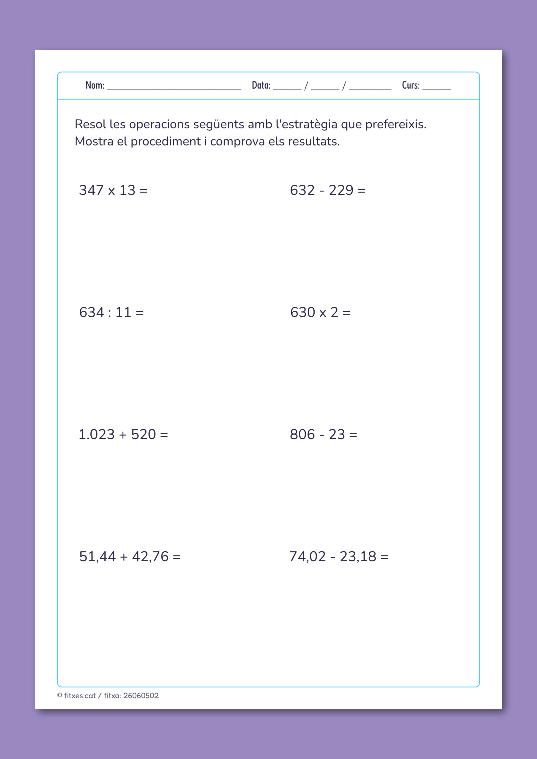 Activitat imprimible d'operacions variades per a 5è de Primària en català.