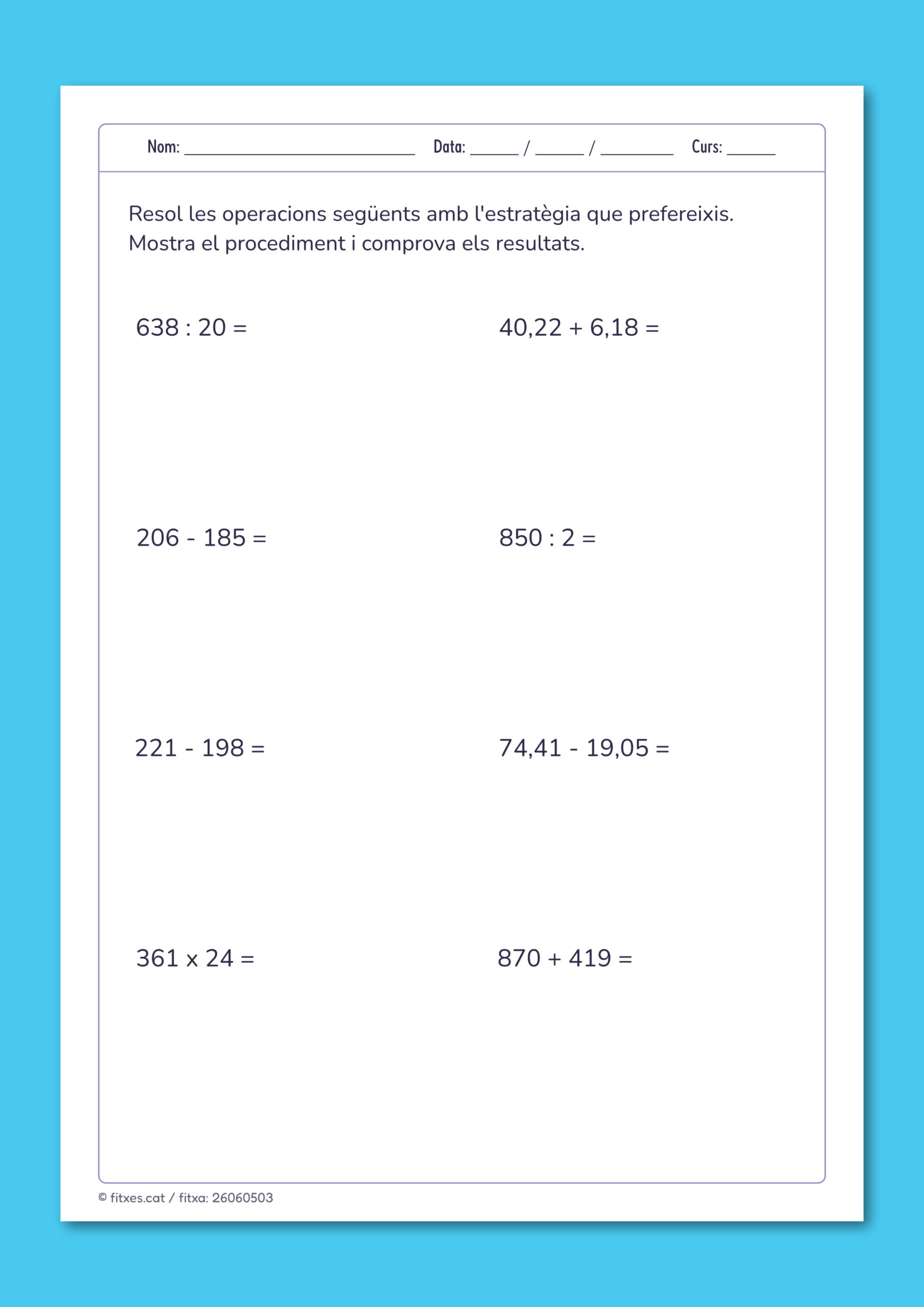Activitat imprimible d'operacions variades per a 5è de Primària en català.