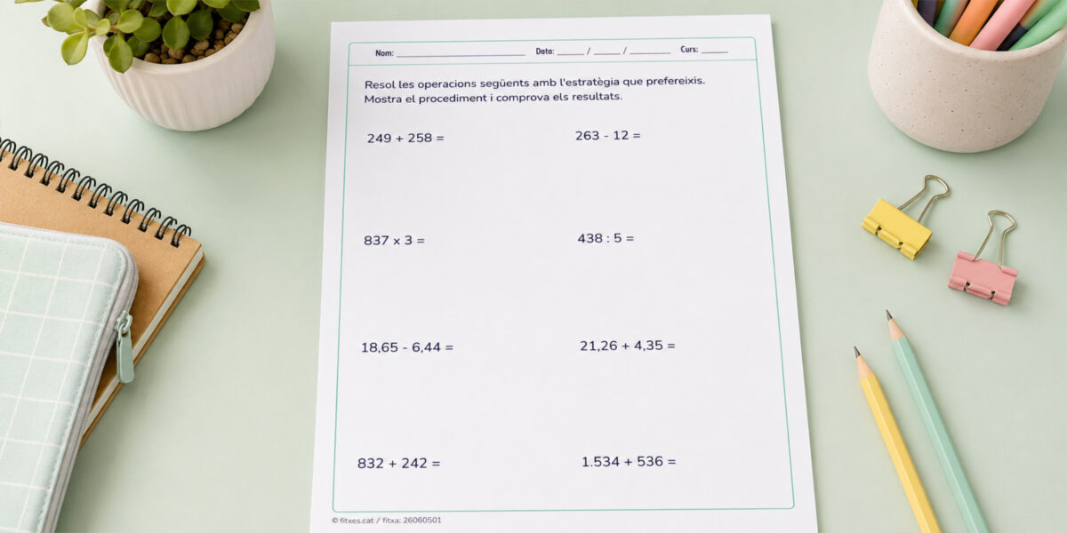 Fitxa d'operacions variades amb sumes, restes, multiplicacions i divisions per a 5è de Primària en català.