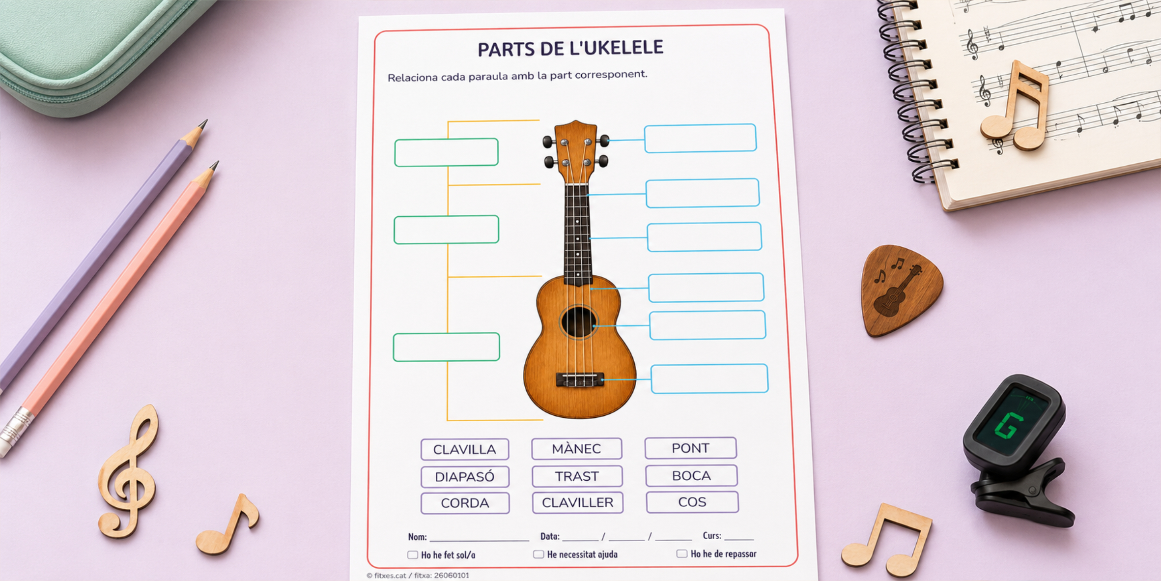 Fitxa per identificar les parts de l'ukelele per a 3r de Primària en català.