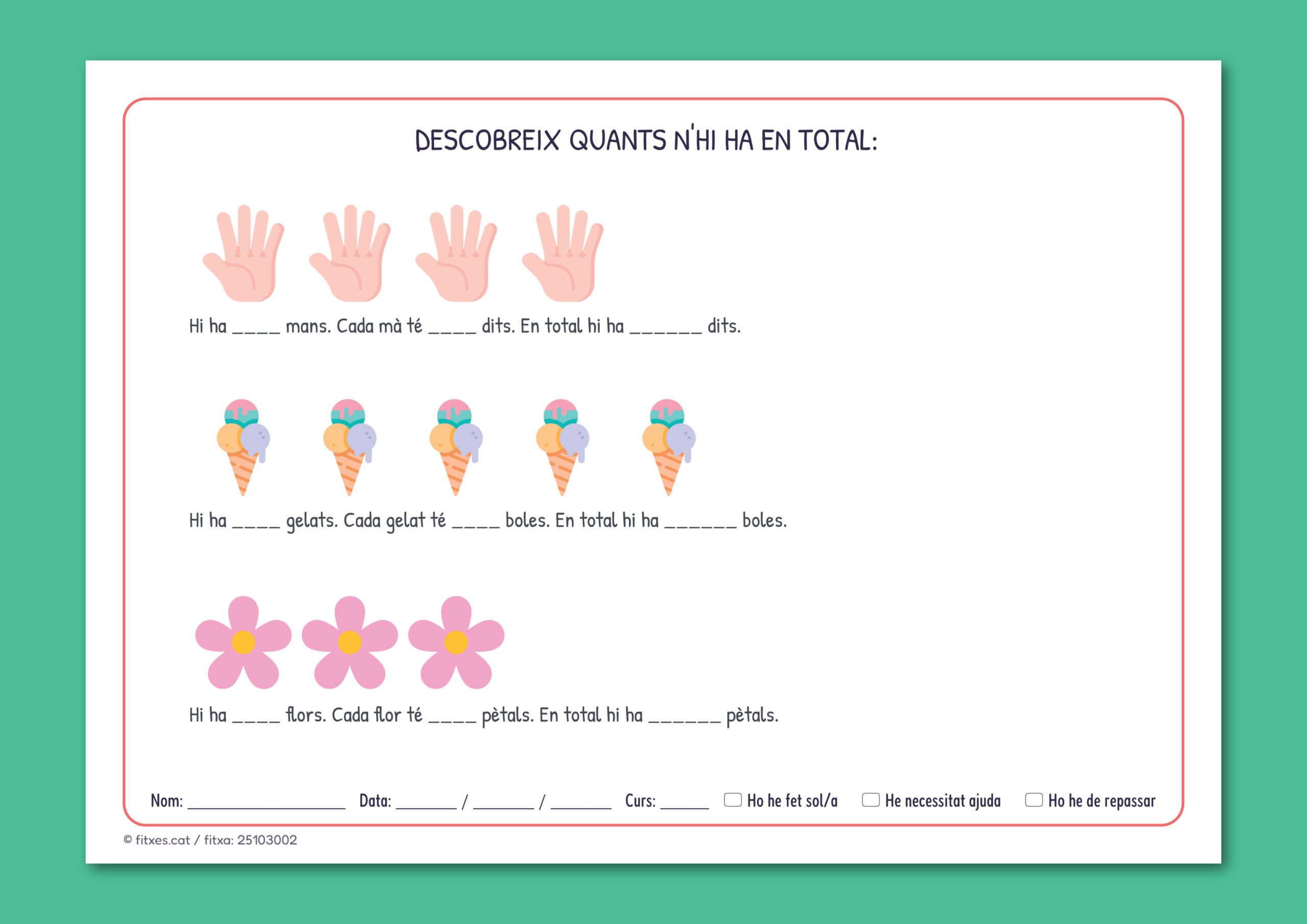 Activitat imprimible per comptar grups i trobar el total per a 1r i 2n de Primària en català.