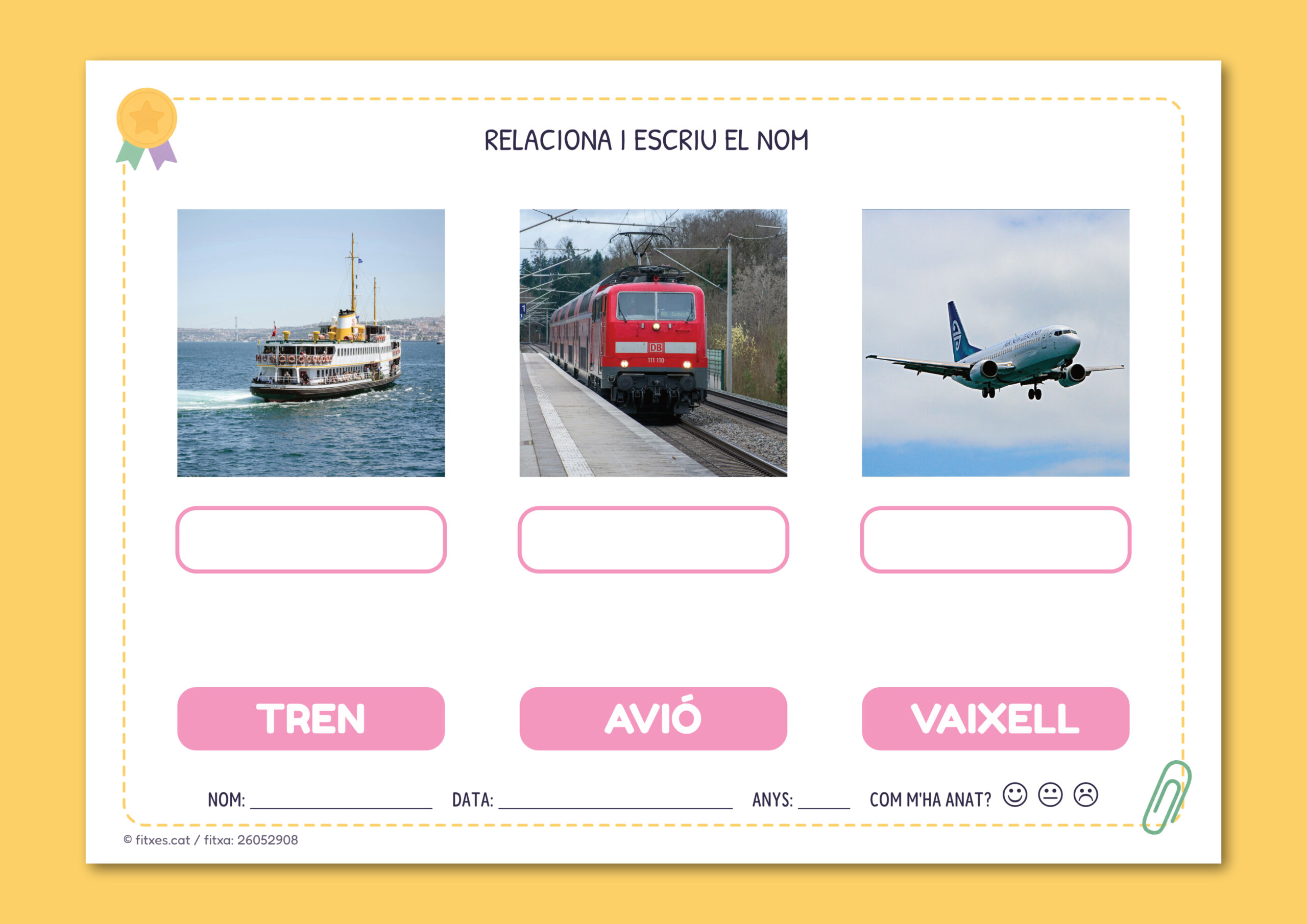 Activitat imprimible per relacionar fotos i escriure el nom per a I4 i I5 en català.