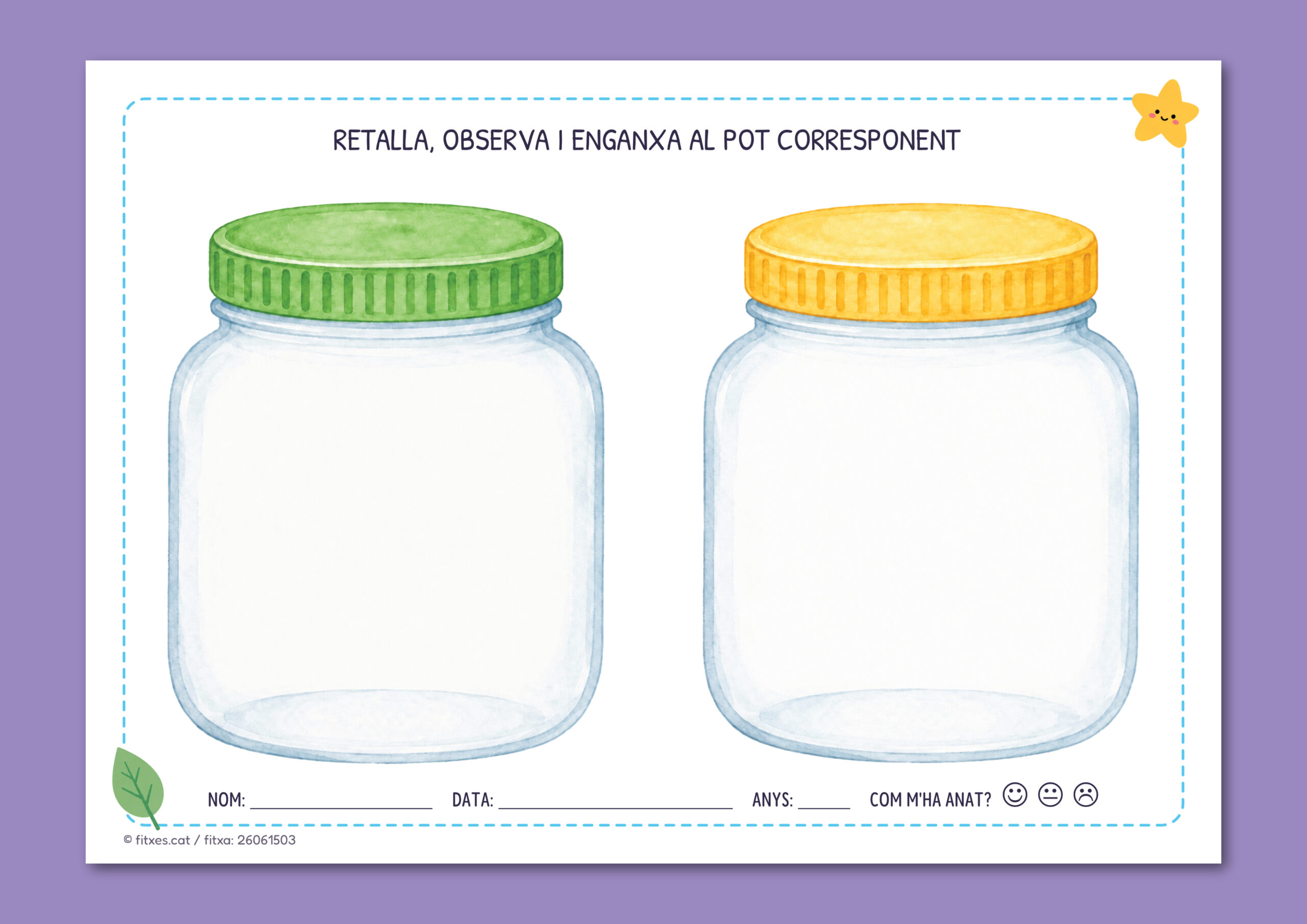 Activitat imprimible per retallar i enganxar objectes al pot del color corresponent per a Infantil en català.