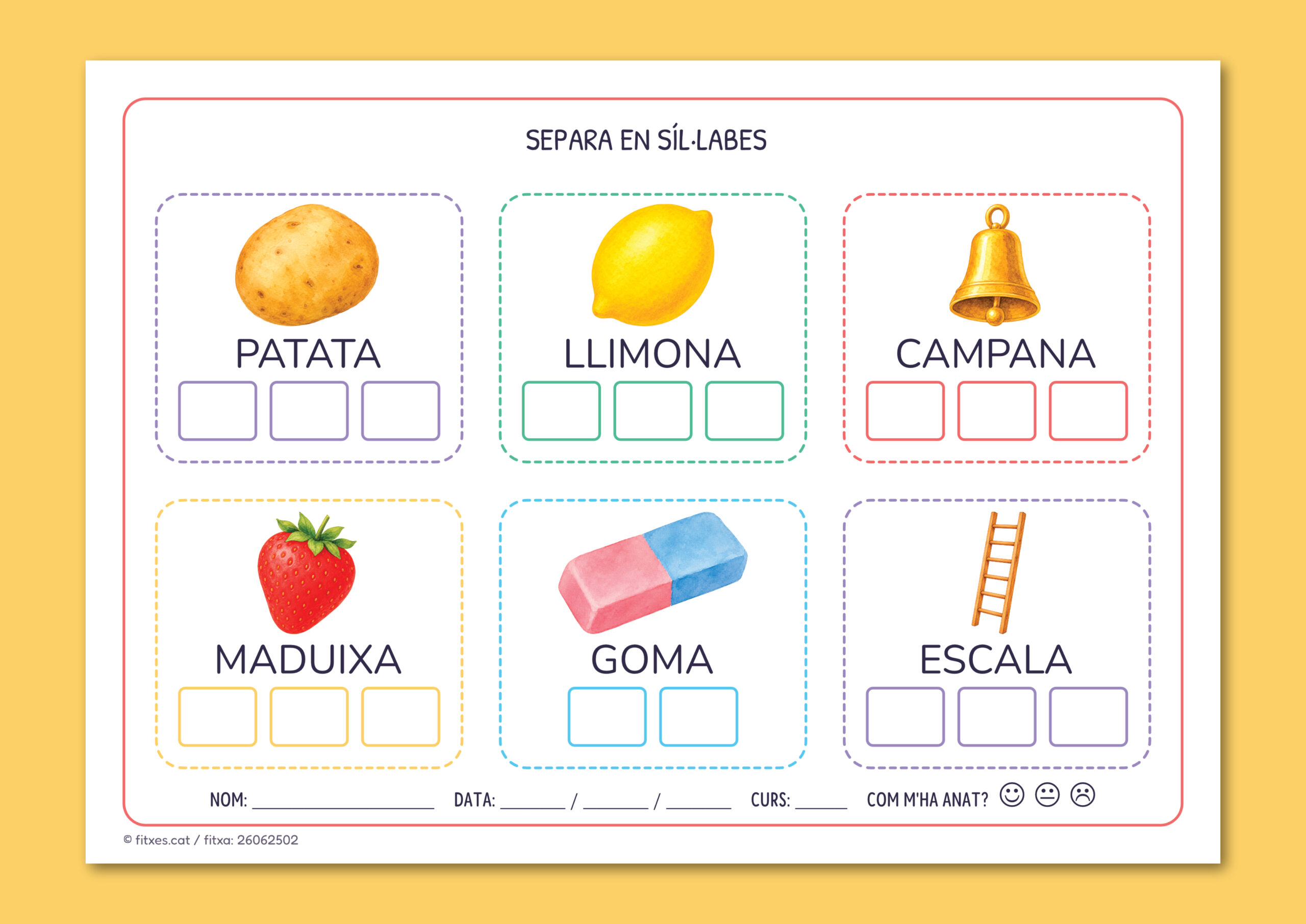 Activitat imprimible per separar paraules en síl·labes per a 1r i 2n de Primària en català.