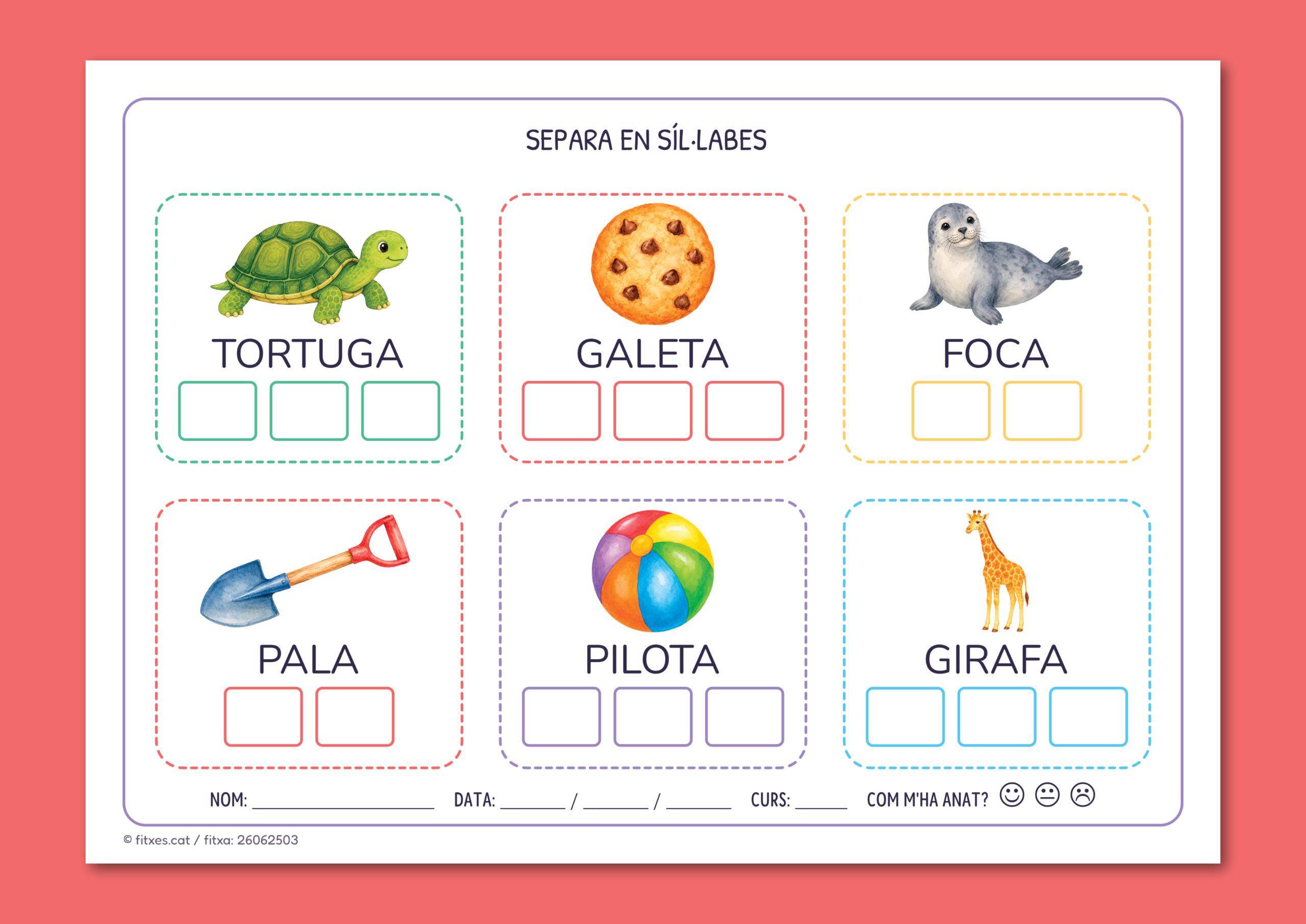 Activitat imprimible per separar paraules en síl·labes per a 1r i 2n de Primària en català.