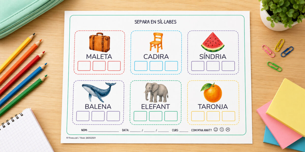 Fitxa per separar paraules en síl·labes per a 1r i 2n de Primària en català.