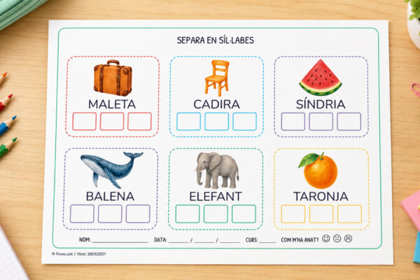Fitxa per separar paraules en síl·labes per a 1r i 2n de Primària en català.