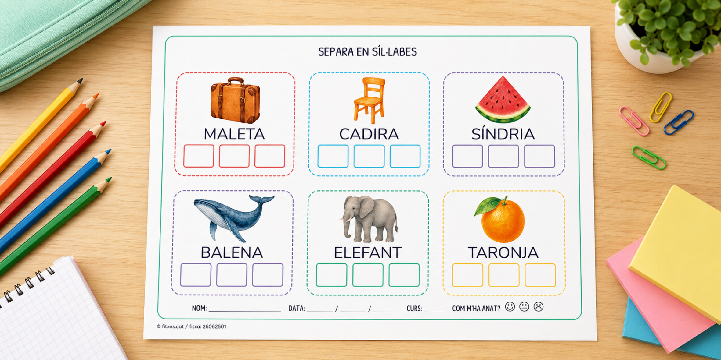 Fitxa per separar paraules en síl·labes per a 1r i 2n de Primària en català.
