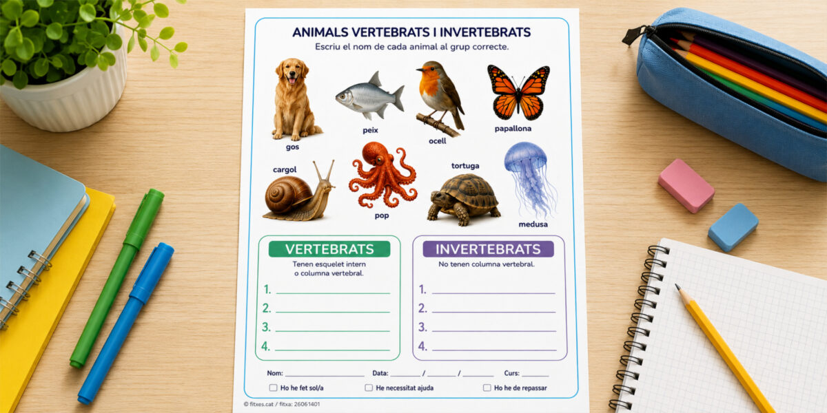 Fitxa per classificar animals vertebrats i invertebrats per a 3r de Primària en català.