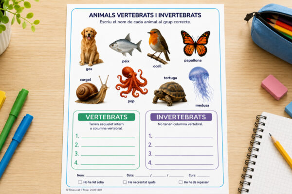 Fitxa per classificar animals vertebrats i invertebrats per a 3r de Primària en català.