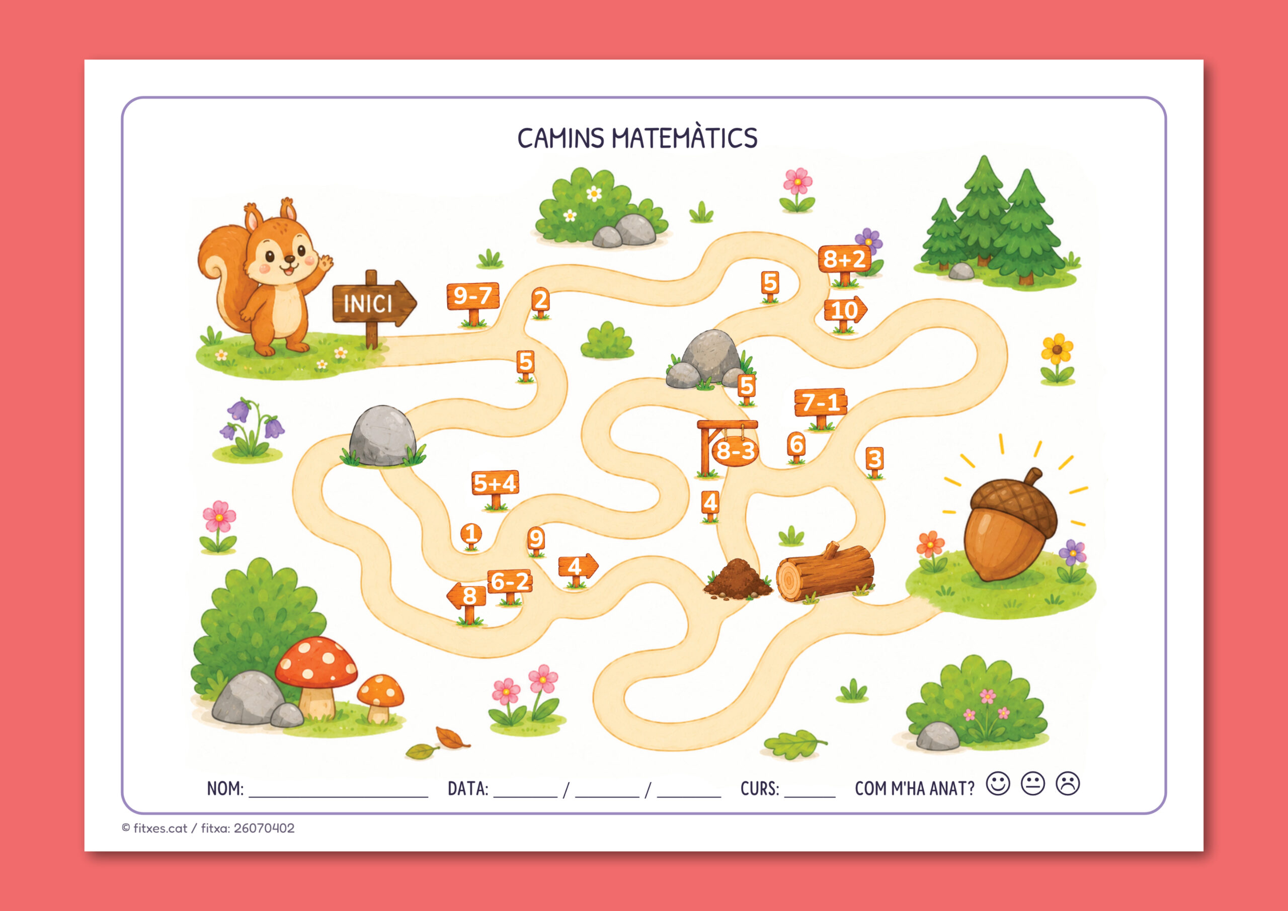 Activitat imprimible de camins matemàtics resolent sumes i restes per a 1r de Primària en català.