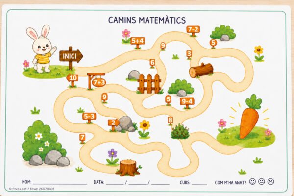 Fitxa de camins matemàtics amb sumes i restes per a 1r de Primària en català.