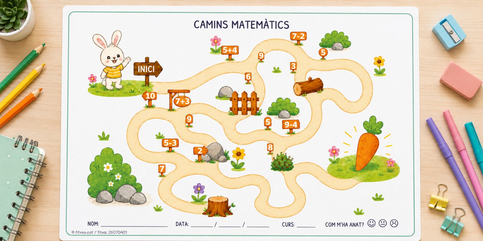 Fitxa de camins matemàtics amb sumes i restes per a 1r de Primària en català.