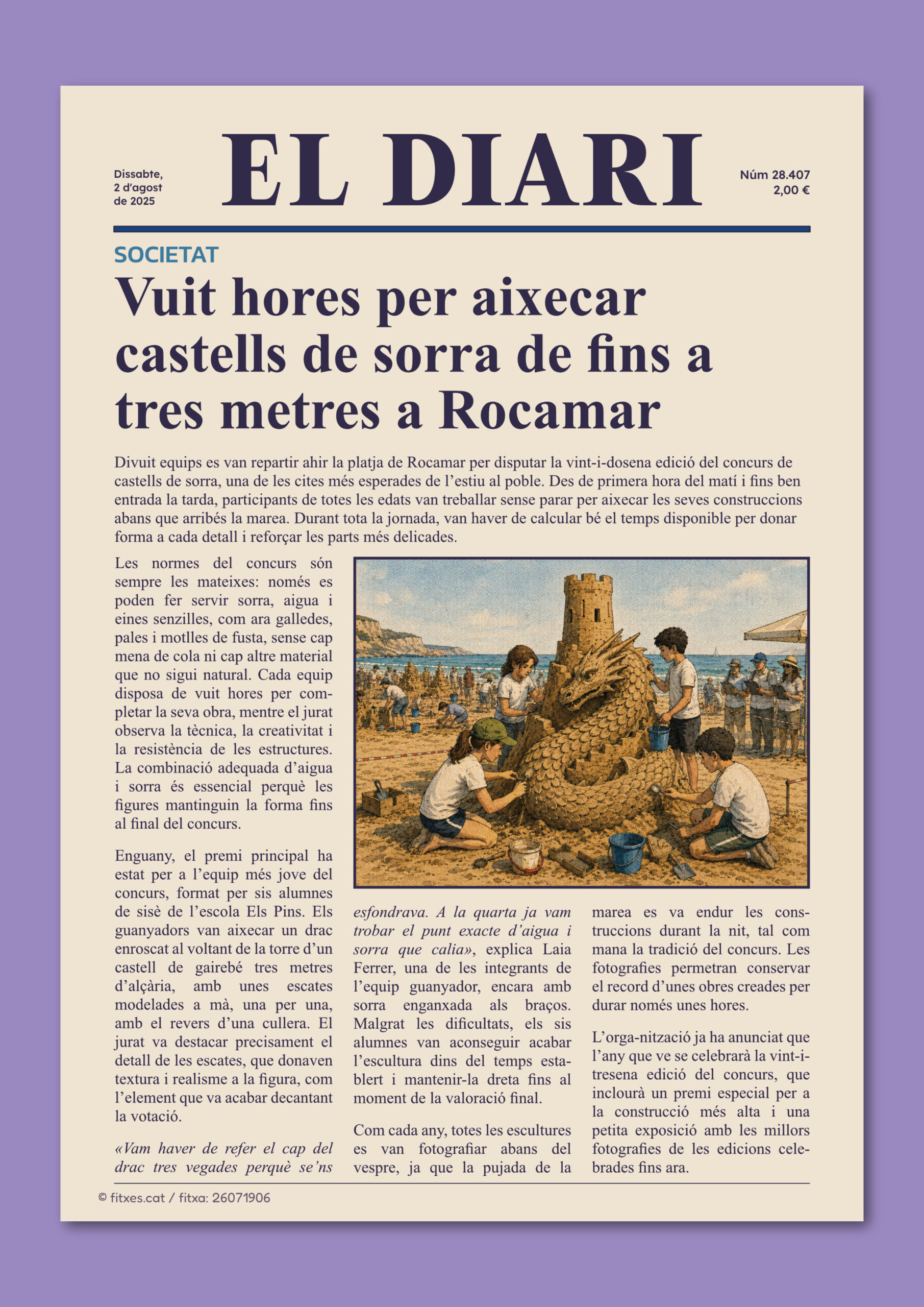 Notícia sobre un concurs de castells de sorra a la platja, per treballar la comprensió lectora a 5è i 6è de Primària.