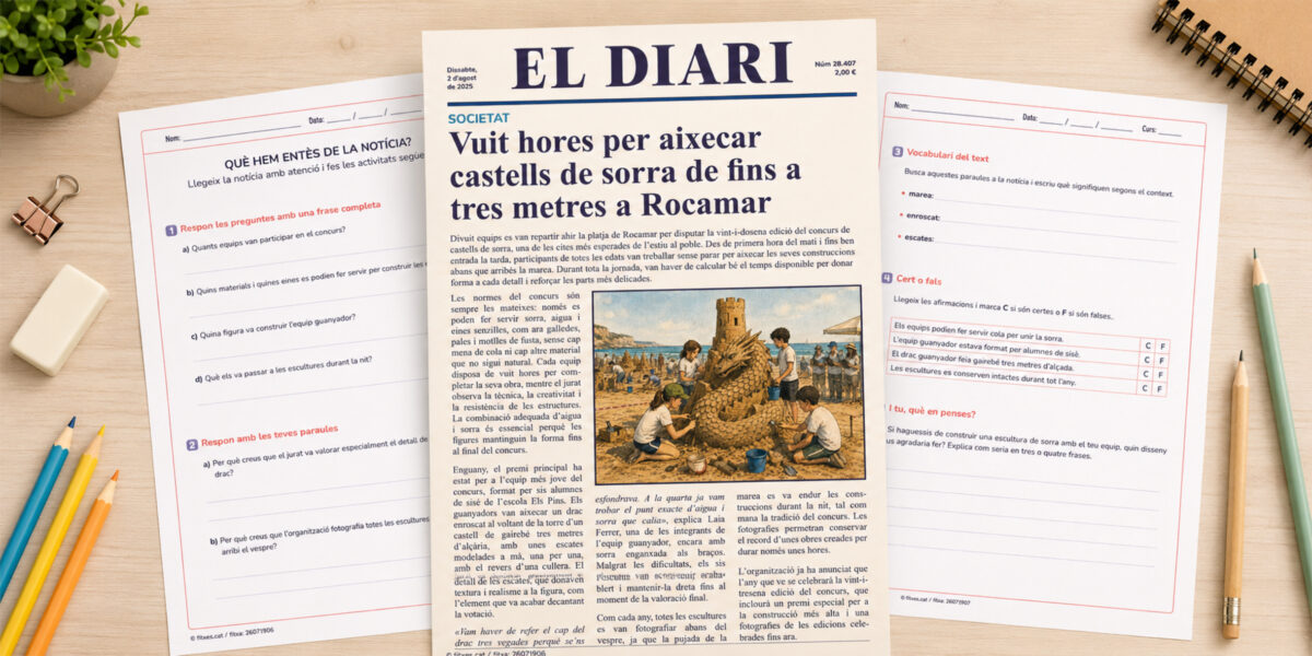 Fitxa de comprensió lectora amb una notícia sobre un concurs de castells de sorra per a 5è i 6è de Primària en català.