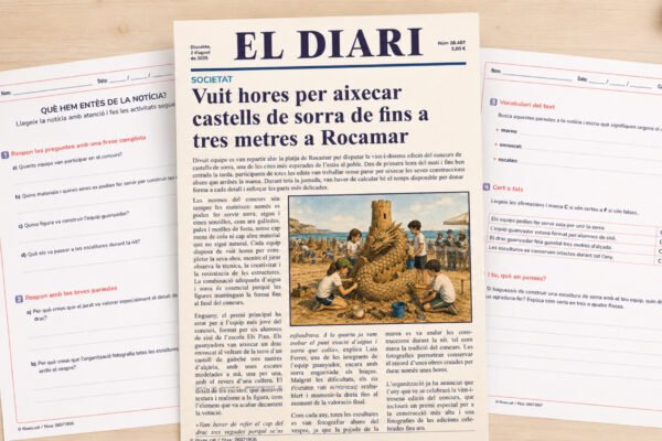 Fitxa de comprensió lectora amb una notícia sobre un concurs de castells de sorra per a 5è i 6è de Primària en català.
