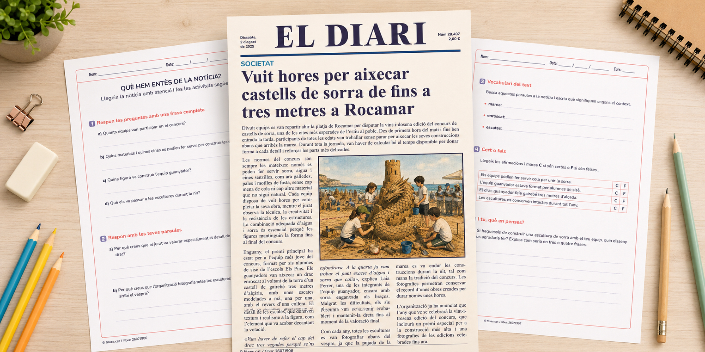 Fitxa de comprensió lectora amb una notícia sobre un concurs de castells de sorra per a 5è i 6è de Primària en català.