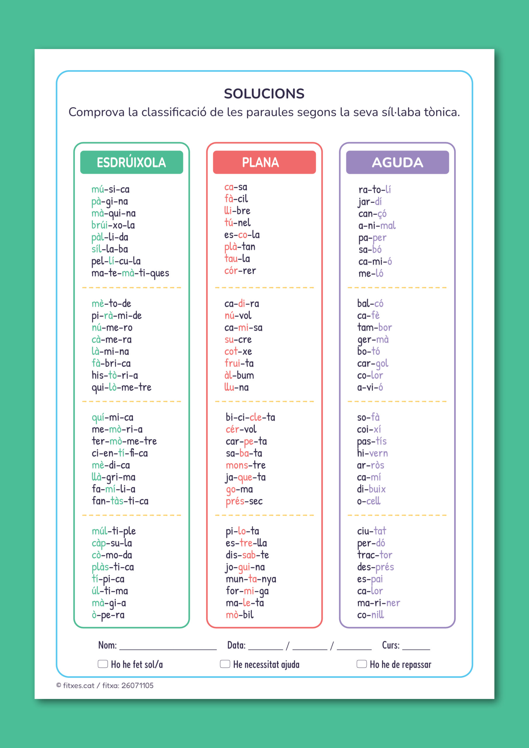 Solució de l'activitat per classificar paraules en esdrúixoles, planes i agudes per a 3r i 4t de Primària en català.