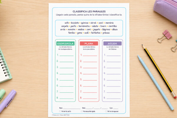 Fitxa per classificar paraules en esdrúixoles, planes i agudes per a 3r i 4t de Primària en català.
