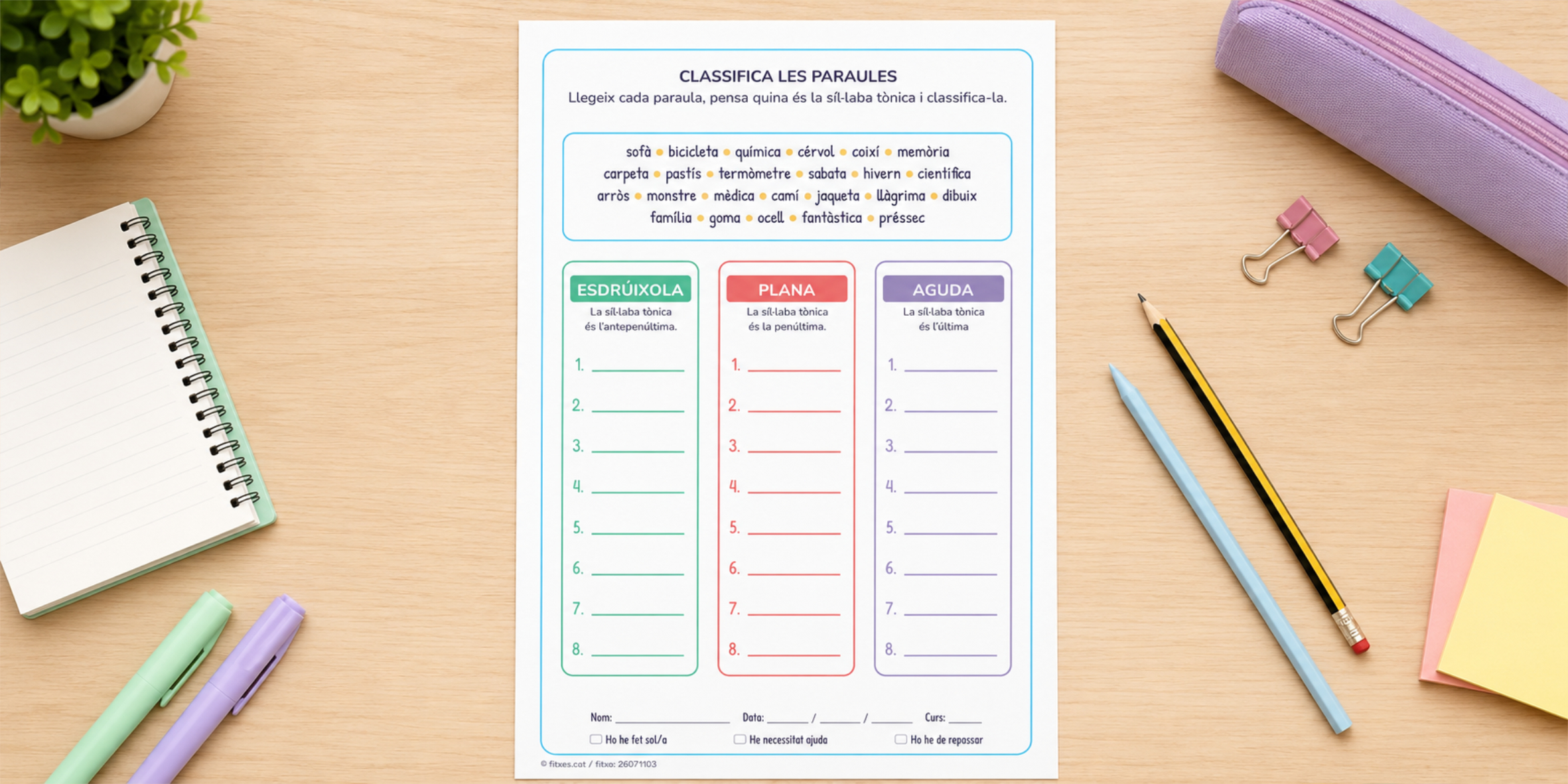 Fitxa per classificar paraules en esdrúixoles, planes i agudes per a 3r i 4t de Primària en català.