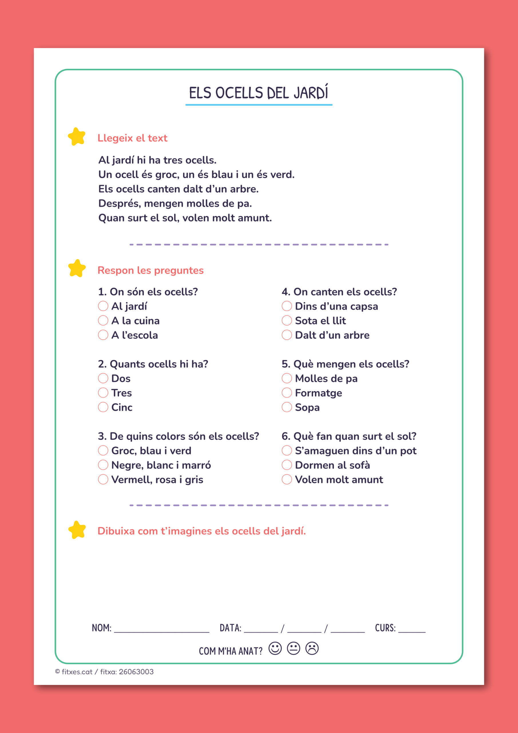 Activitat imprimible de comprensió lectora amb text curt i preguntes per a 1r i 2n de Primària en català.