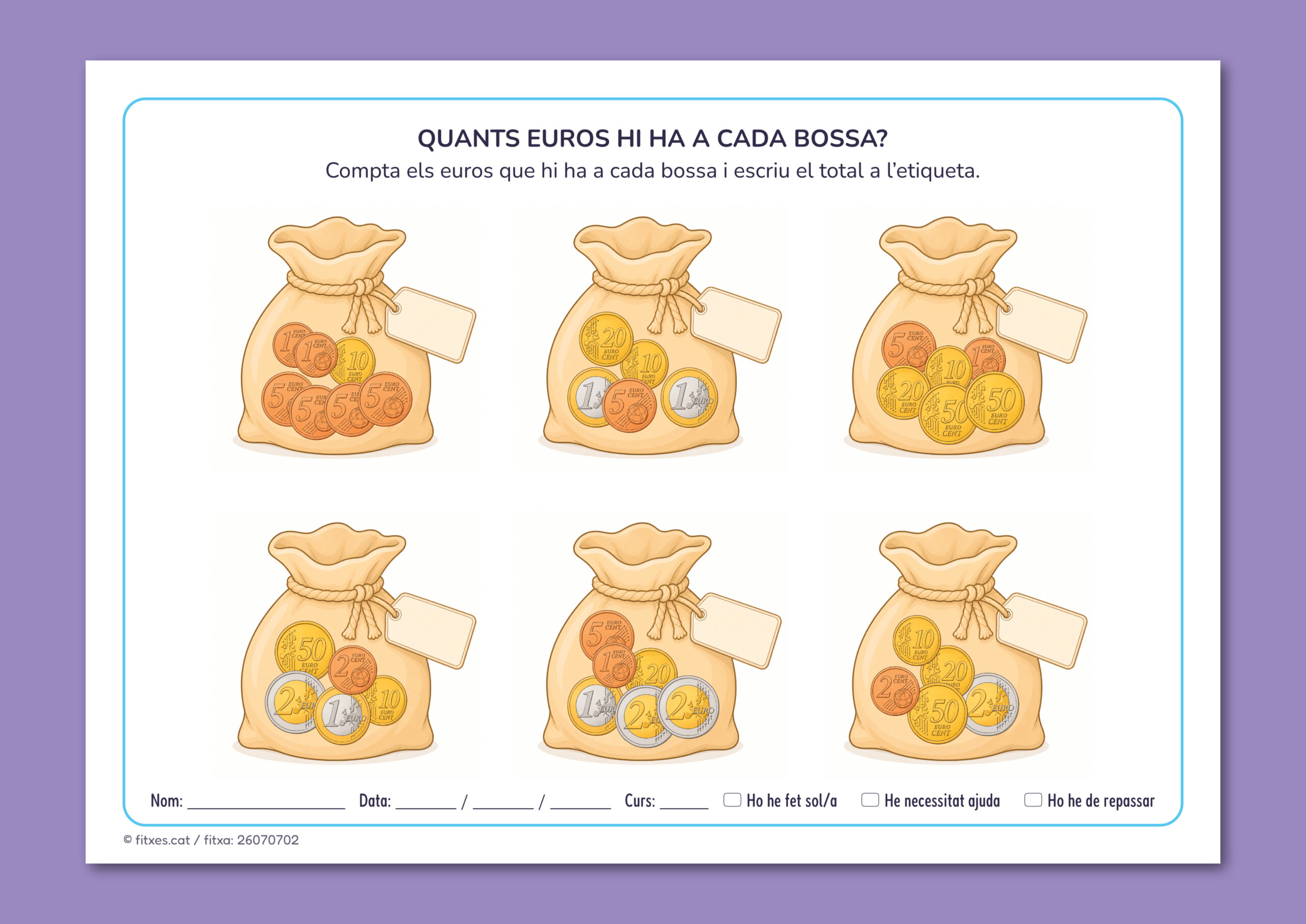 Activitat imprimible per comptar i sumar monedes d'euro a cada bossa per a 3r de Primària en català.