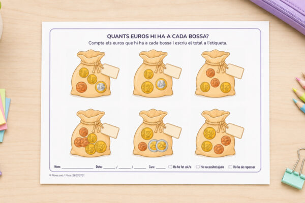 Fitxa per comptar euros i cèntims a cada bossa per a 3r de Primària en català.