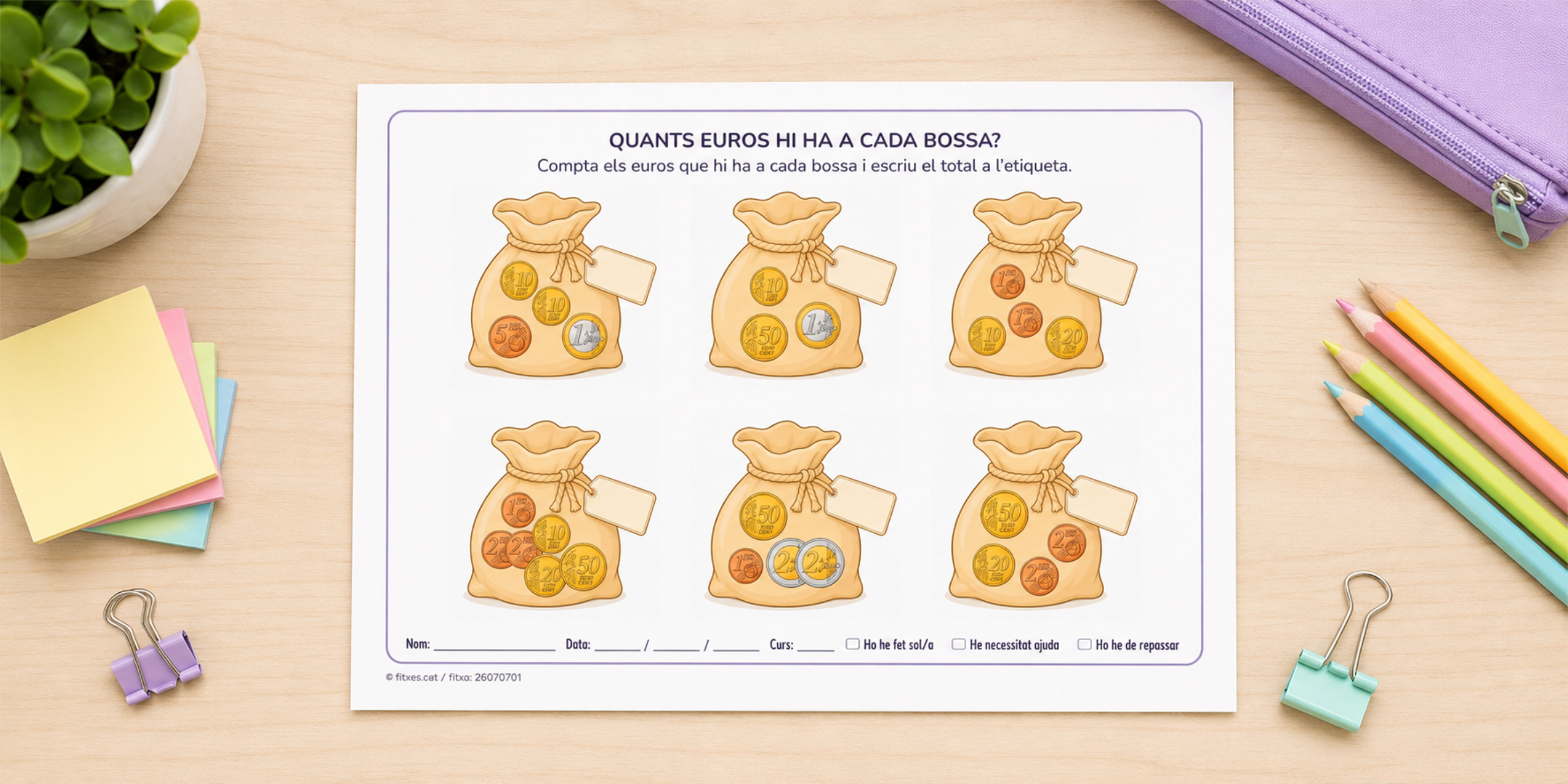 Fitxa per comptar euros i cèntims a cada bossa per a 3r de Primària en català.