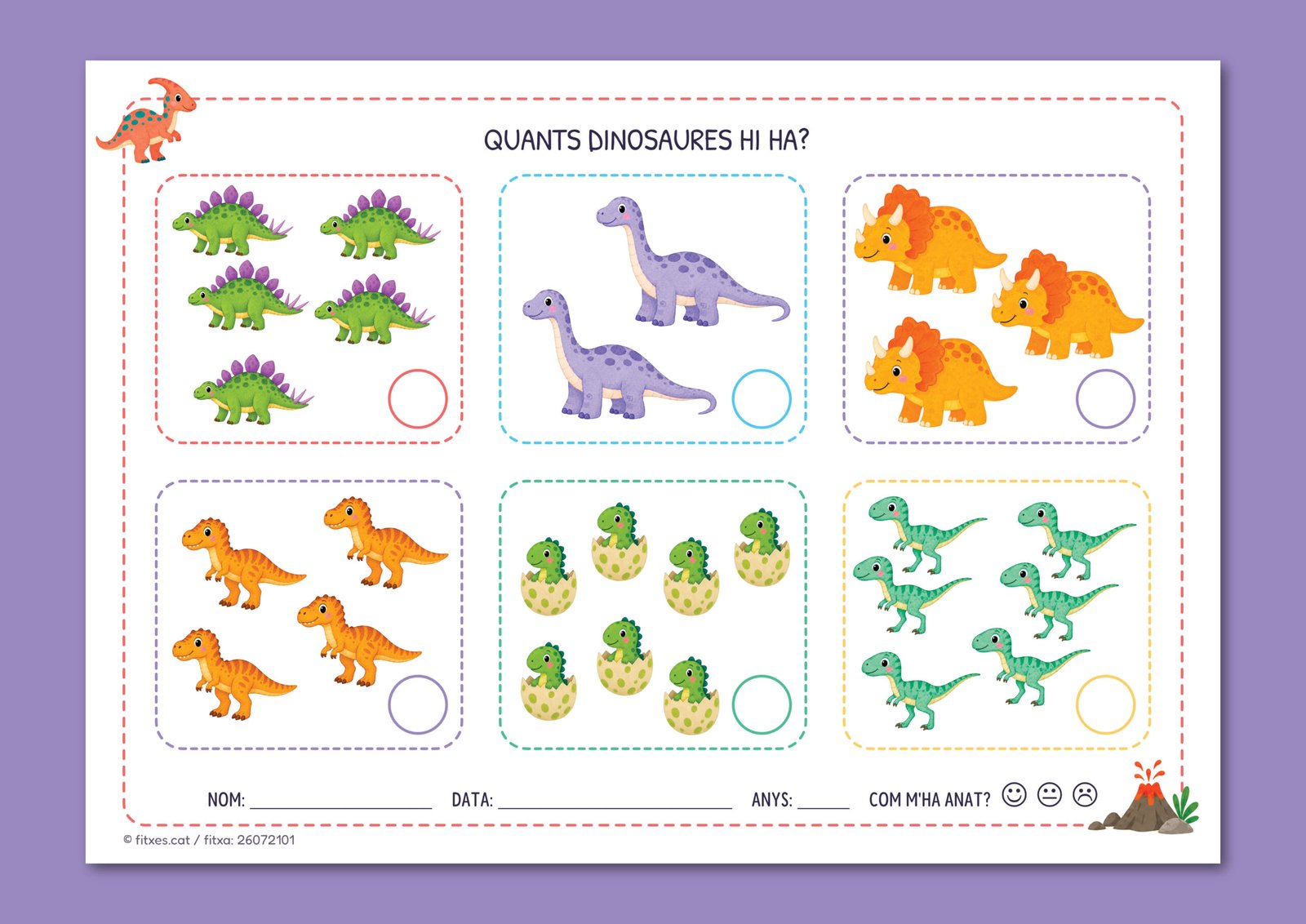 Activitat per comptar grups de dinosaures i escriure la quantitat en un cercle, per a I5 en català.