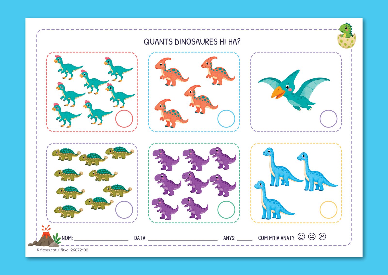 Fitxa de comptar dinosaures amb diferents grups per practicar els números de l'1 al 10, per a I5 en català.