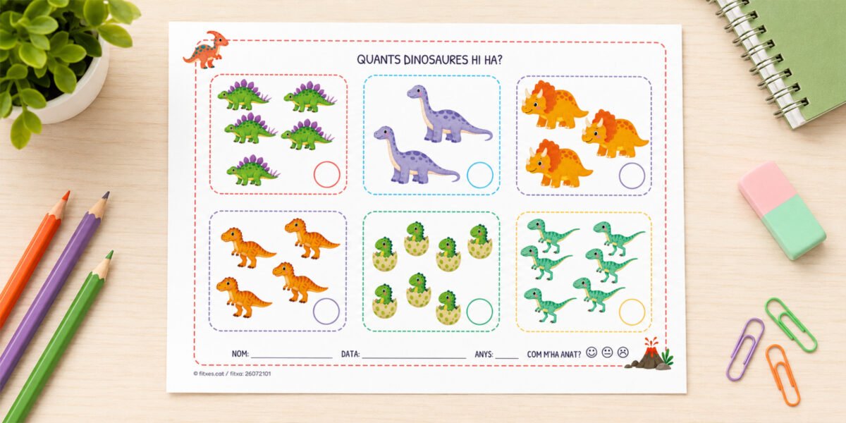 Fitxa per comptar dinosaures i escriure el número corresponent, de l'1 al 10, per a I5 en català.