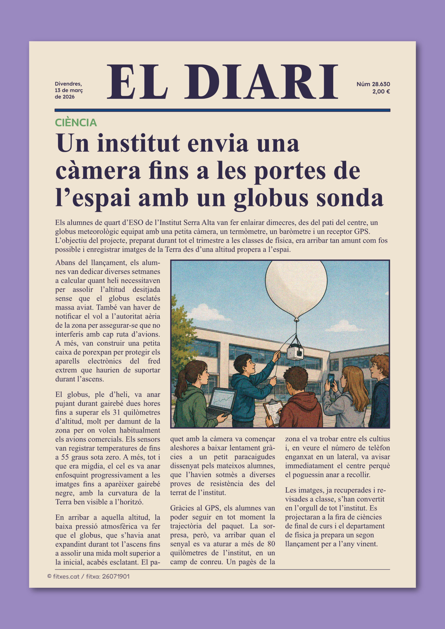 Notícia sobre un institut que envia un globus sonda fins a prop de l'espai, per treballar la comprensió lectora a 5è i 6è de Primària.