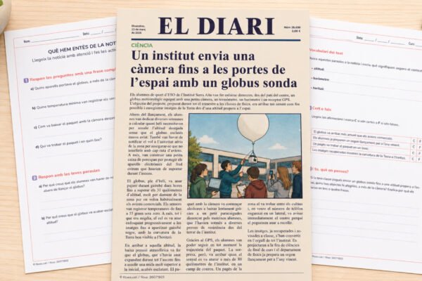 Fitxa de comprensió lectora amb una notícia sobre un globus sonda per a 5è i 6è de Primària en català.