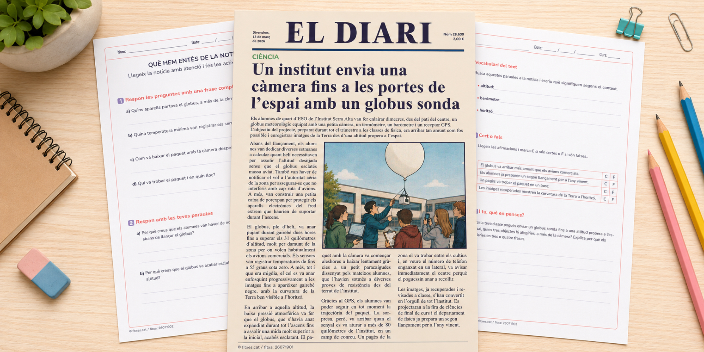 Fitxa de comprensió lectora amb una notícia sobre un globus sonda per a 5è i 6è de Primària en català.
