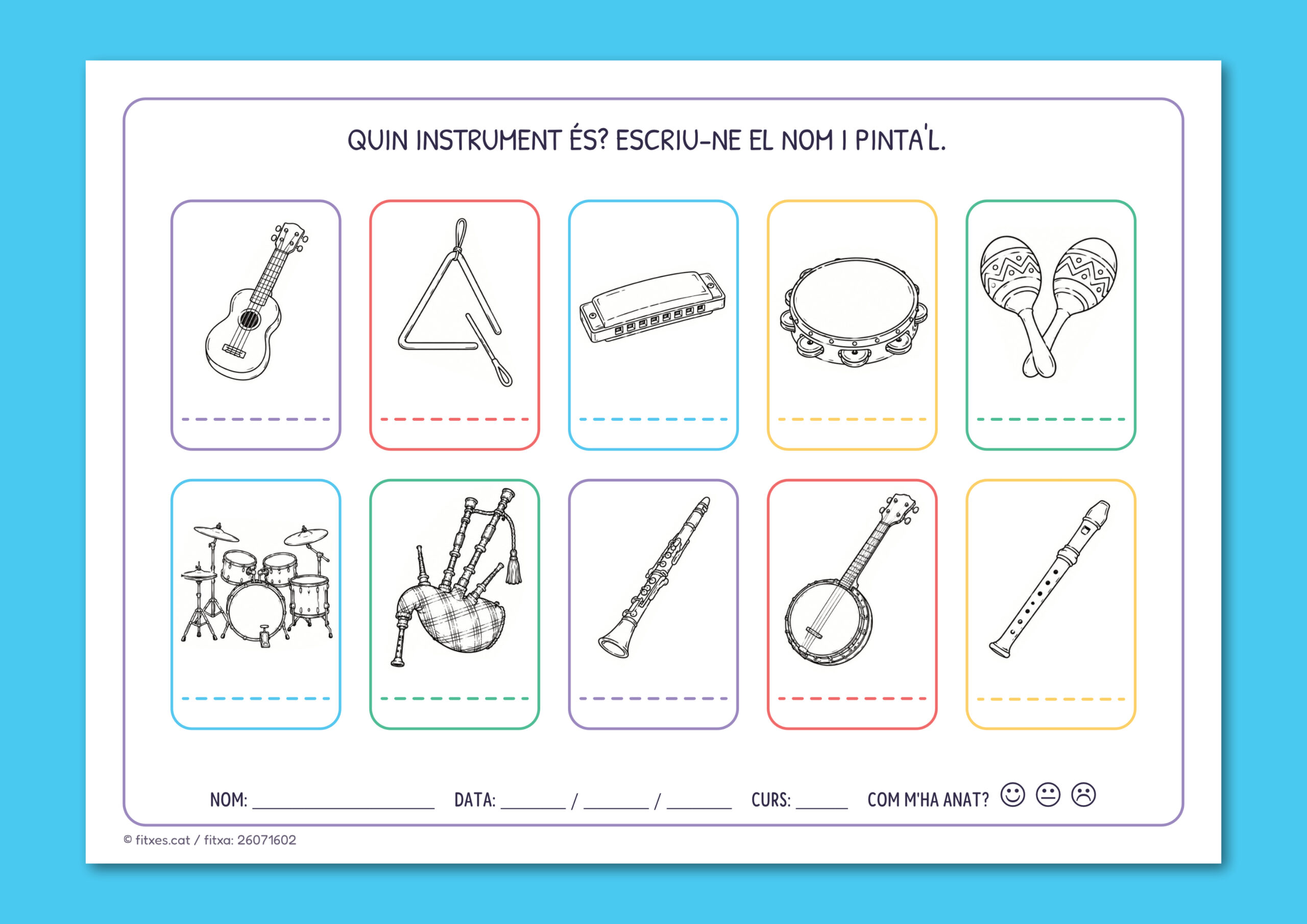 Activitat imprimible per escriure el nom de diferents instruments musicals i pintar-los, per a 1r i 2n de Primària en català.