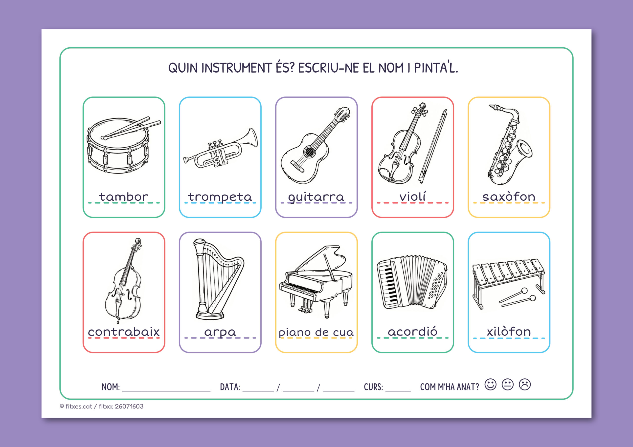 Fitxa per identificar i escriure el nom d'instruments musicals, amb espai per pintar-los, per a 1r i 2n de Primària en català.