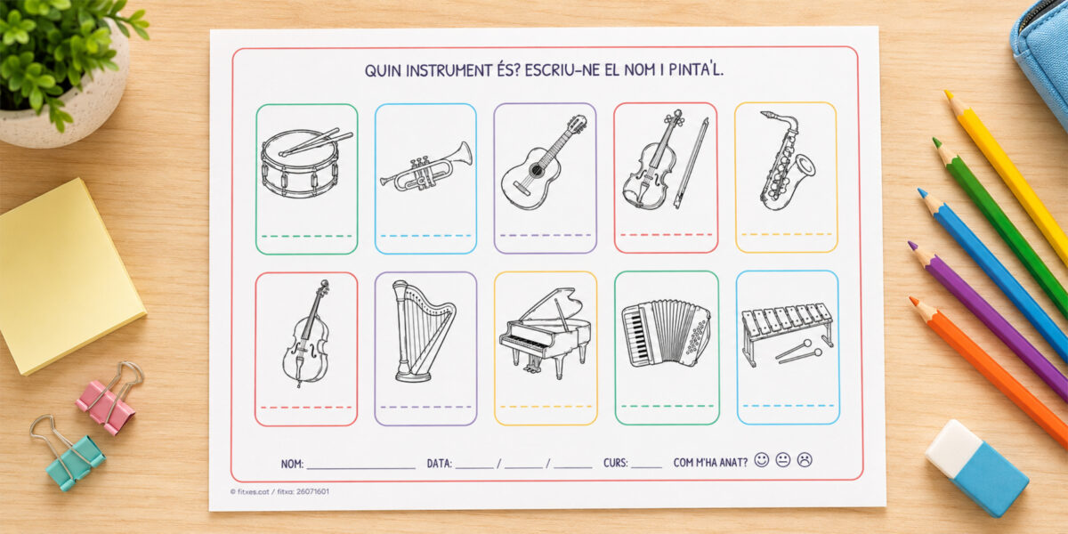 Fitxa per escriure el nom d'instruments musicals i pintar-los per a 1r i 2n de Primària en català.